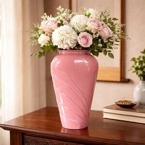 Vintage Pink Ceramic Vase Large Retro Pottery Wedding Centerpiece Statement Vase
